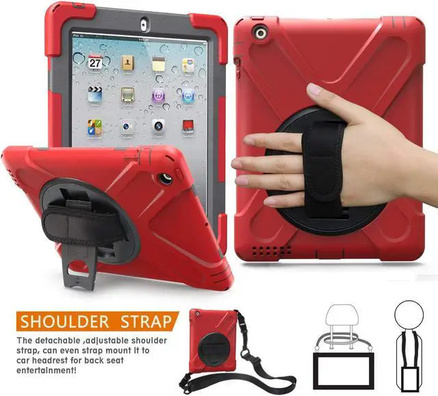 Main image of Apple iPad 2 Case iPad 3 Case iPad 4 Case Cover Heavy Duty Shockproof Protective Case for iPad 2 3 4 Tablet Case with 360 Degrees Rotable Hand Strap Kickstand and Shoulder Strap