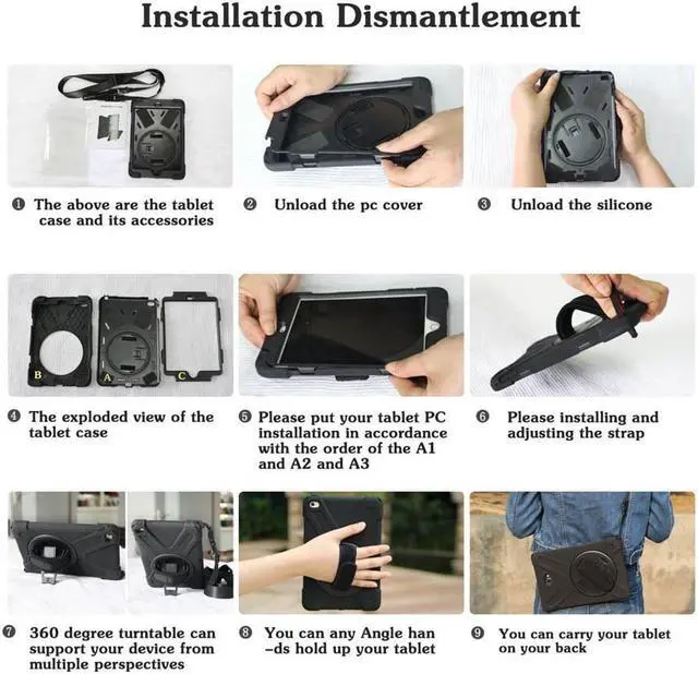 Alt view image 4 of 4 - For iPad Mini Case iPad Mini 1 2 3 Case Cover ShockProof Rugged Hybrid Protective Silicone Case For Apple iPad Mini 1 2 3 Case with with 360 Degree Rotating Kickstand Hand Grip Strap Shoulder Strap