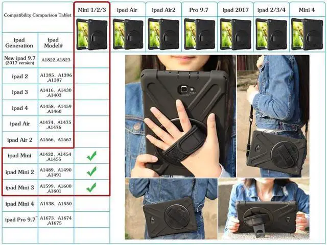 Alt view image 2 of 4 - For iPad Mini Case iPad Mini 1 2 3 Case Cover ShockProof Rugged Hybrid Protective Silicone Case For Apple iPad Mini 1 2 3 Case with with 360 Degree Rotating Kickstand Hand Grip Strap Shoulder Strap