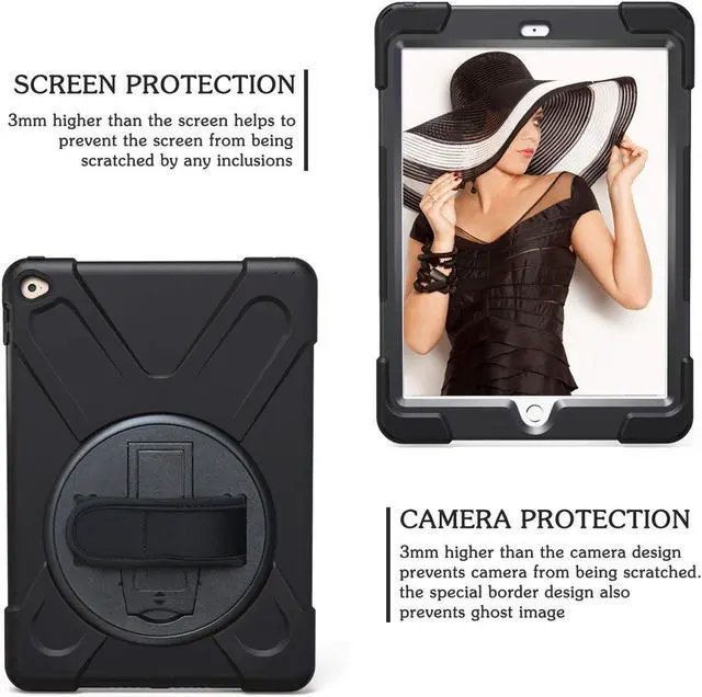 Alt view image 4 of 7 - iPad Air 2 Case, [Hybrid Shockproof Case] Rugged Triple-Layer Shock-Resistant Drop Proof Defender Case Cover with Kickstand/a Hand Strap/a Adjustable Shoulder Strap