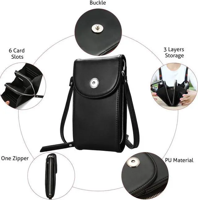 Alt view image 3 of 7 - Cell Phone Pouch Bag Cellphone Wallet Purse PU Leather 3 Layers Storage Phone Pouch Purse Women Handbag with Shoulder Strap for iPhone X 8 6 7 Samsung S7 S6 Smartphone under 5.5 Inch