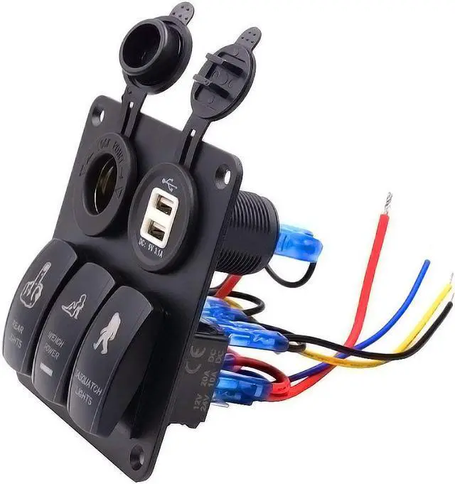 Alt view image 4 of 7 - Digital Voltmeter 12V Cigarette Socket Double USB Power Charger Adapter Flush Mount Waterproof 6 Gang Rocker Switch Panel Black for RV Car Boat