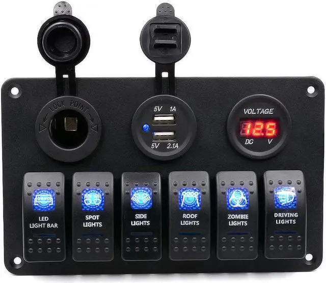 Main image of Digital Voltmeter 12V Cigarette Socket Double USB Power Charger Adapter Flush Mount Waterproof 6 Gang Rocker Switch Panel Black for RV Car Boat