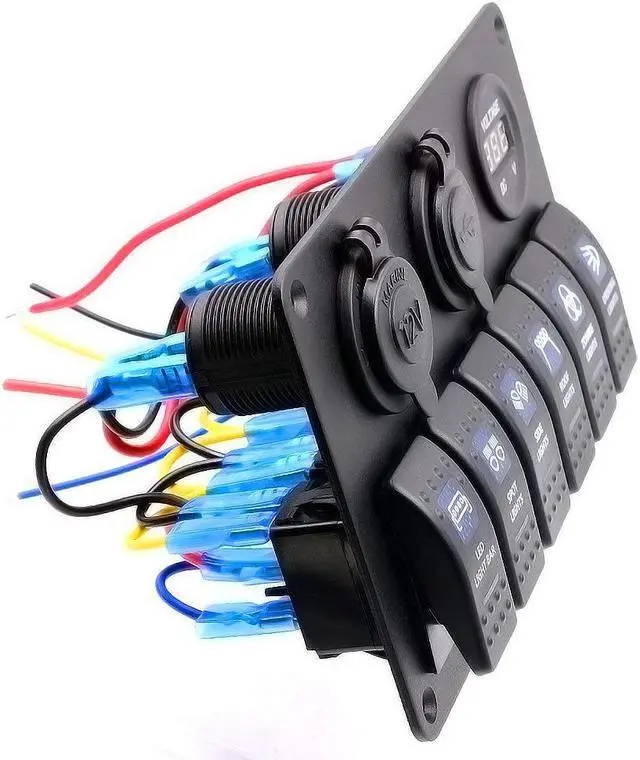 Alt view image 3 of 5 - Digital Voltmeter 12V Cigarette Socket Double USB Power Charger Adapter Flush Mount Waterproof 6 Gang Rocker Switch Panel Black for RV Car Boat