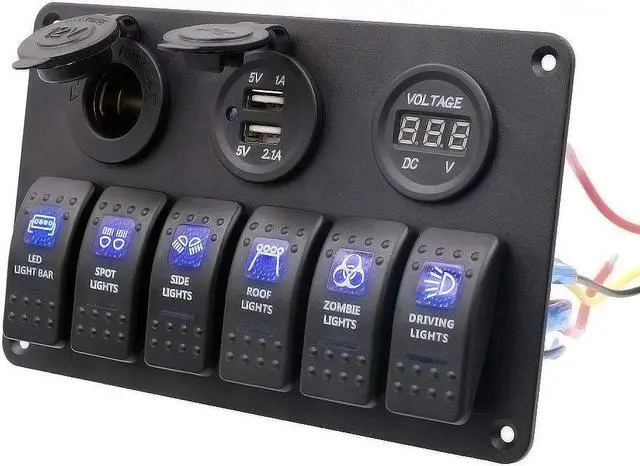 Alt view image 2 of 5 - Digital Voltmeter 12V Cigarette Socket Double USB Power Charger Adapter Flush Mount Waterproof 6 Gang Rocker Switch Panel Black for RV Car Boat
