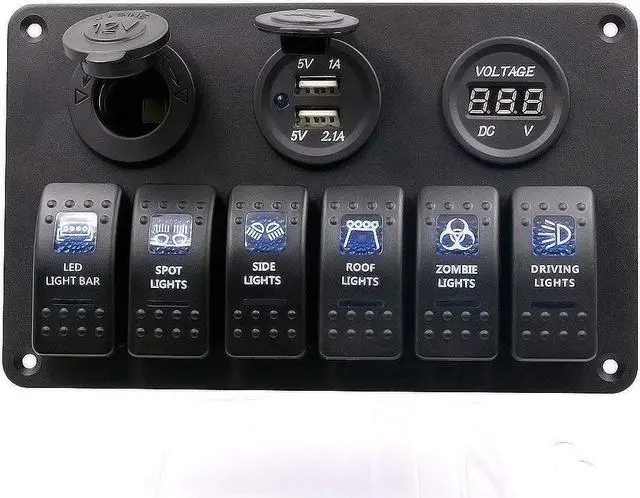 Alt view image 5 of 5 - Digital Voltmeter 12V Cigarette Socket Double USB Power Charger Adapter Flush Mount Waterproof 6 Gang Rocker Switch Panel Black for RV Car Boat