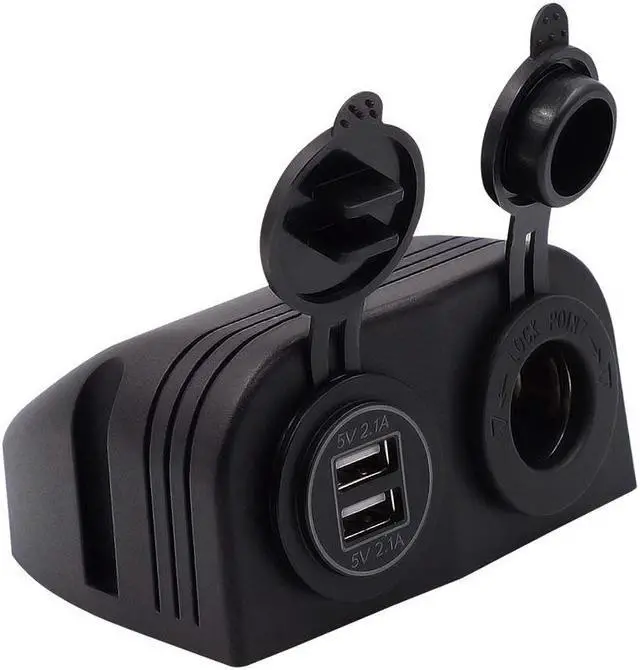 Alt view image 3 of 7 - Two Hole Tent Type Panel 4.2a Dual USB Charger + 12V/24V Cigarette Lighter Socket for Car Motorcycle Boat Marine ATV RV