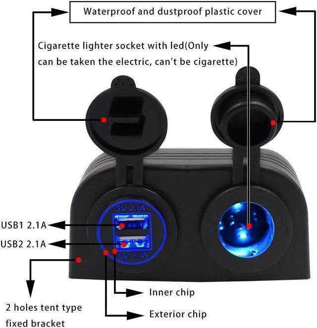 Alt view image 2 of 7 - Two Hole Tent Type Panel 4.2a Dual USB Charger + 12V/24V Cigarette Lighter Socket for Car Motorcycle Boat Marine ATV RV