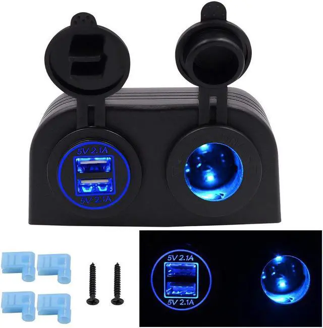 Alt view image 7 of 7 - Two Hole Tent Type Panel 4.2a Dual USB Charger + 12V/24V Cigarette Lighter Socket for Car Motorcycle Boat Marine ATV RV