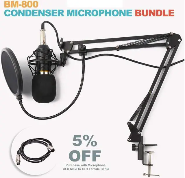 Alt view image 6 of 7 - Condenser Microphone Bundle, BM-800 Mic Kit with Adjustable Mic Suspension Scissor Arm, Metal Shock Mount and Double-layer Pop Filter for Studio Recording & Broadcasting