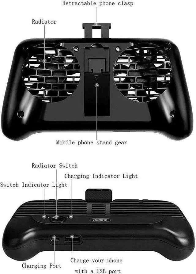 Alt view image 7 of 7 - Remax Phone Cooling Pad,Portable Phone Radiator Fan with 2000mAh Li-ion Back Up Battery Muti-Functional Gaming Cooler Handle Grip Charger Stand Holder for 4-6 Inch Smartphone