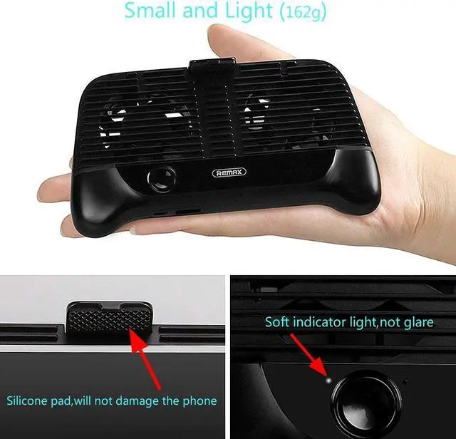 Alt view image 6 of 7 - Remax Phone Cooling Pad,Portable Phone Radiator Fan with 2000mAh Li-ion Back Up Battery Muti-Functional Gaming Cooler Handle Grip Charger Stand Holder for 4-6 Inch Smartphone