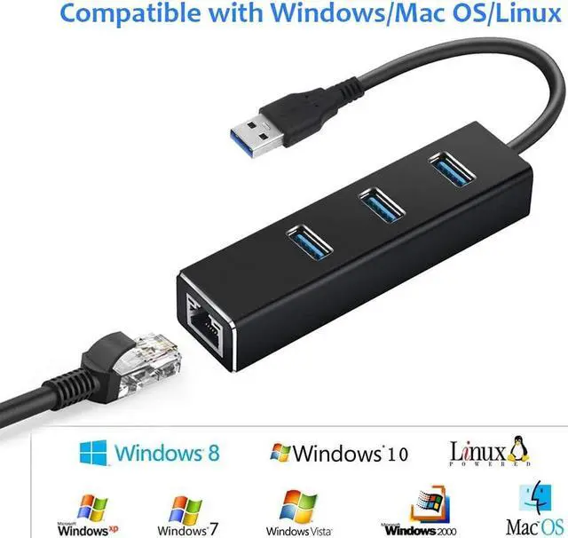 Alt view image 6 of 7 - 3-Port USB 3.0 Hub, Aluminum USB Portable Data Hub with RJ45 10/100/1000 Gigabit Ethernet LAN Converter Network Adapter for Mac/Windows/OS/Linux and Other Devices