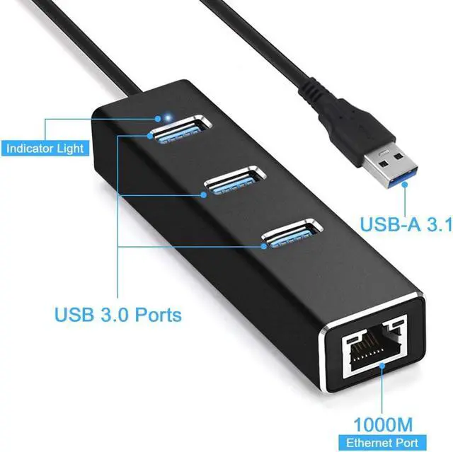 Alt view image 2 of 7 - 3-Port USB 3.0 Hub, Aluminum USB Portable Data Hub with RJ45 10/100/1000 Gigabit Ethernet LAN Converter Network Adapter for Mac/Windows/OS/Linux and Other Devices