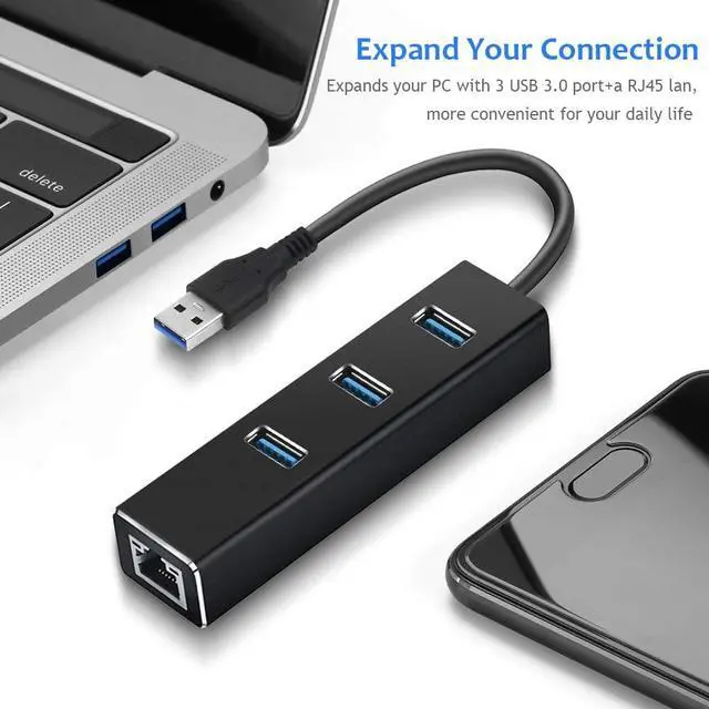 Alt view image 3 of 7 - 3-Port USB 3.0 Hub, Aluminum USB Portable Data Hub with RJ45 10/100/1000 Gigabit Ethernet LAN Converter Network Adapter for Mac/Windows/OS/Linux and Other Devices