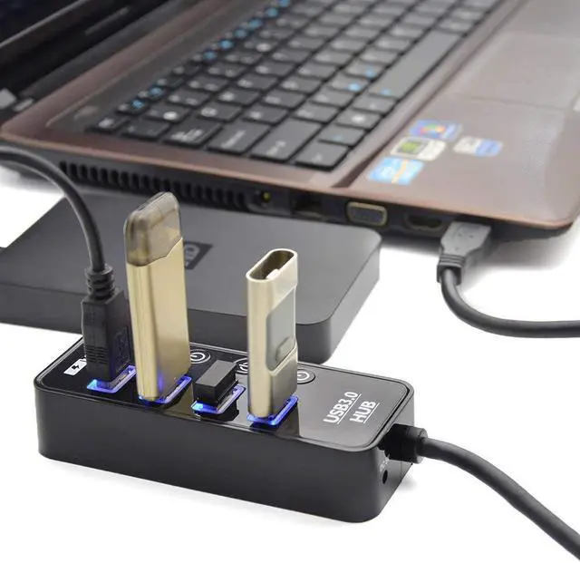 Alt view image 2 of 7 - 4 Port USB 3.0 Hub with Power Adapter and Charging Port,USB Hub Built-in Individual Switches for Computer, PC, Laptop and More