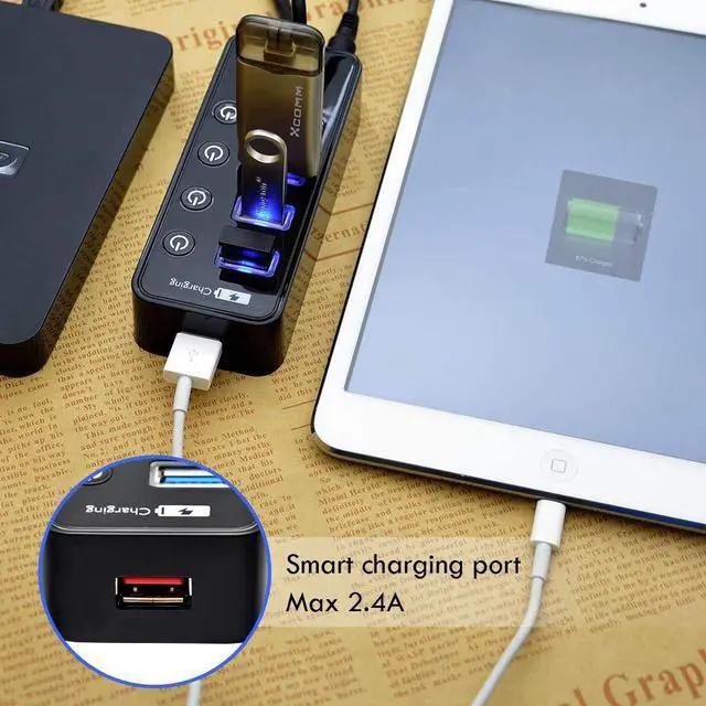 Alt view image 3 of 7 - 4 Port USB 3.0 Hub with Power Adapter and Charging Port,USB Hub Built-in Individual Switches for Computer, PC, Laptop and More