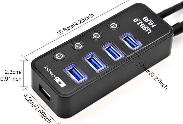 Alt view image 4 of 7 - 4 Port USB 3.0 Hub with Power Adapter and Charging Port,USB Hub Built-in Individual Switches for Computer, PC, Laptop and More