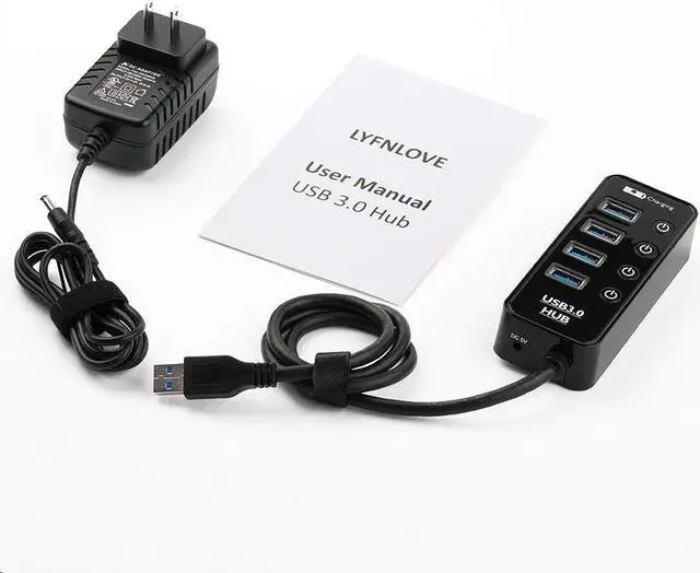 Alt view image 7 of 7 - 4 Port USB 3.0 Hub with Power Adapter and Charging Port,USB Hub Built-in Individual Switches for Computer, PC, Laptop and More