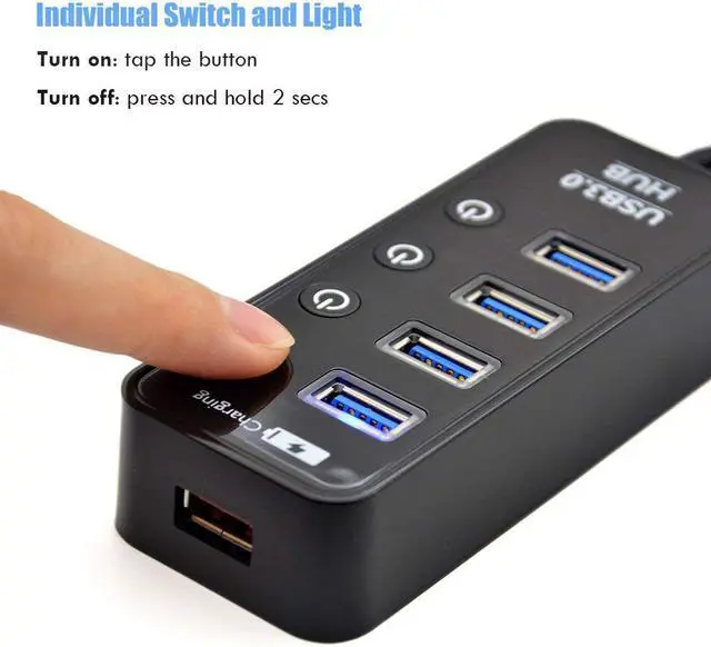Alt view image 4 of 7 - USB Hub 3.0 Splitter,7 Port USB Data Hub with Power Adapter and Charging Port,Individual On/Off Switches and Lights for Laptop, PC, Computer, Mobile HDD, Flash Drive and More