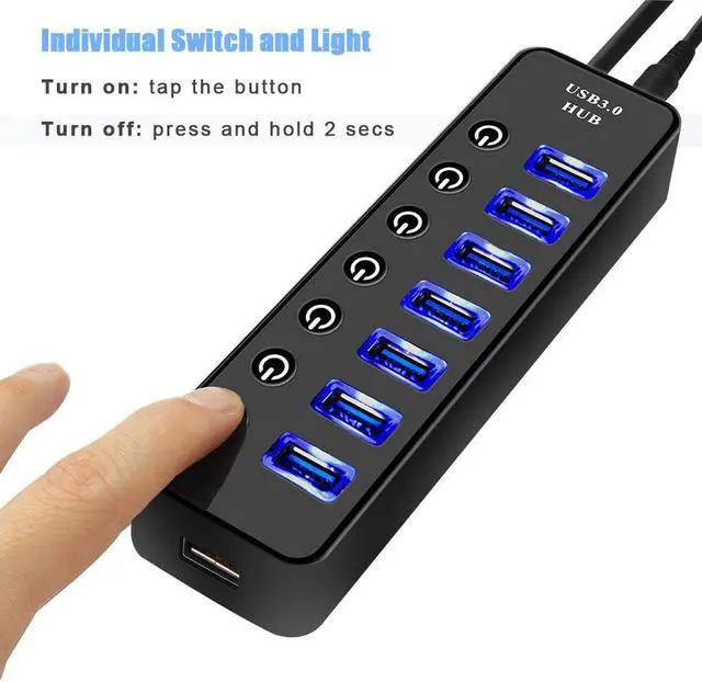 Alt view image 5 of 7 - USB Hub 3.0 Splitter,7 Port USB Data Hub with Power Adapter and Charging Port,Individual On/Off Switches and Lights for Laptop, PC, Computer, Mobile HDD, Flash Drive and More