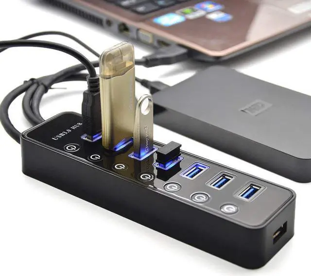 Alt view image 2 of 7 - USB Hub 3.0 Splitter,7 Port USB Data Hub with Power Adapter and Charging Port,Individual On/Off Switches and Lights for Laptop, PC, Computer, Mobile HDD, Flash Drive and More