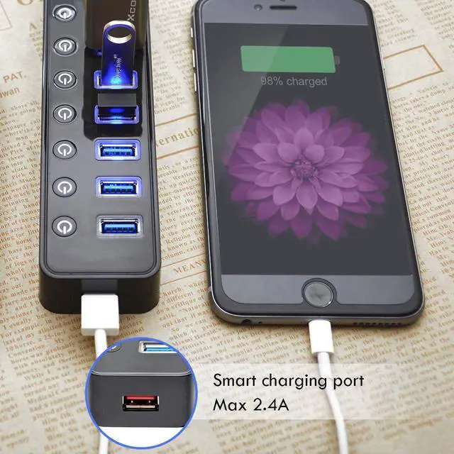 Alt view image 3 of 7 - USB Hub 3.0 Splitter,7 Port USB Data Hub with Power Adapter and Charging Port,Individual On/Off Switches and Lights for Laptop, PC, Computer, Mobile HDD, Flash Drive and More