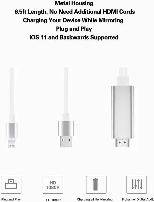 Alt view image 3 of 7 - Compatible with iPad iPhone to HDMI Adapter iPhone to HDMI Cable 6ft Digital AV Adapter 1080p HD TV Connector Cord Compatible with iPhone X 8 7 6Plus iPad iPod to TV Projector Monitor