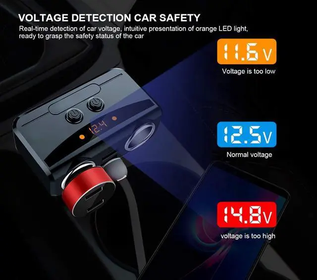 Alt view image 4 of 7 - Werleo 2 Sockets Cigarette Lighter Splitter Dual USB Car Charger DC Outlet Power Adapter with On Off Switch and Voltage Display Support Fast Charging Compatible iPhone Samsung Smartphones Tablets Dash