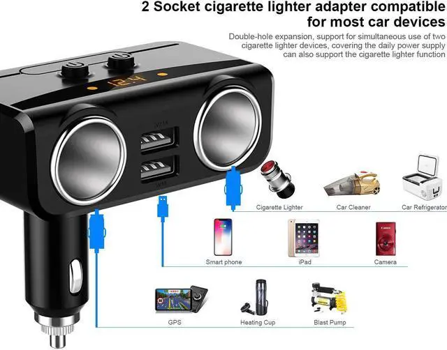 Alt view image 2 of 7 - Werleo 2 Sockets Cigarette Lighter Splitter Dual USB Car Charger DC Outlet Power Adapter with On Off Switch and Voltage Display Support Fast Charging Compatible iPhone Samsung Smartphones Tablets Dash