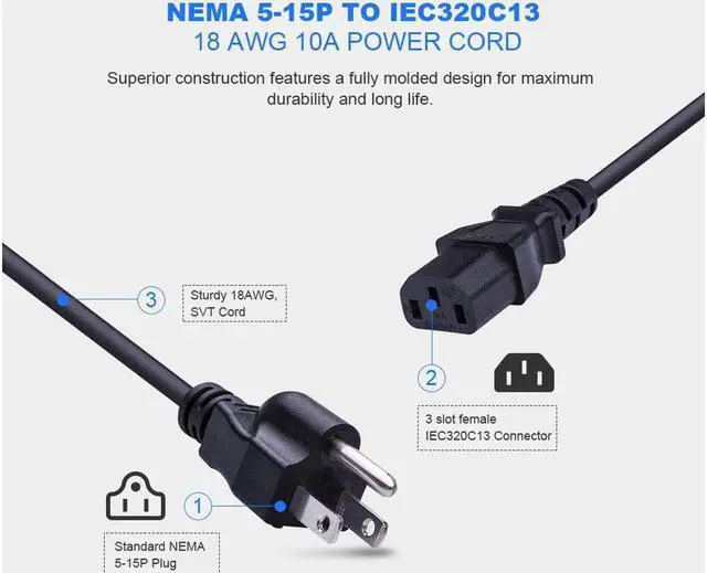 Alt view image 2 of 5 - [UL Listed] NEMA 5-15P to IEC320C13 18 AWG Universal Computer Power Cord AC Cable Extension Cable for Desktop PC Computer Scanner Printer Monitor and Power Supply Replacement Cable