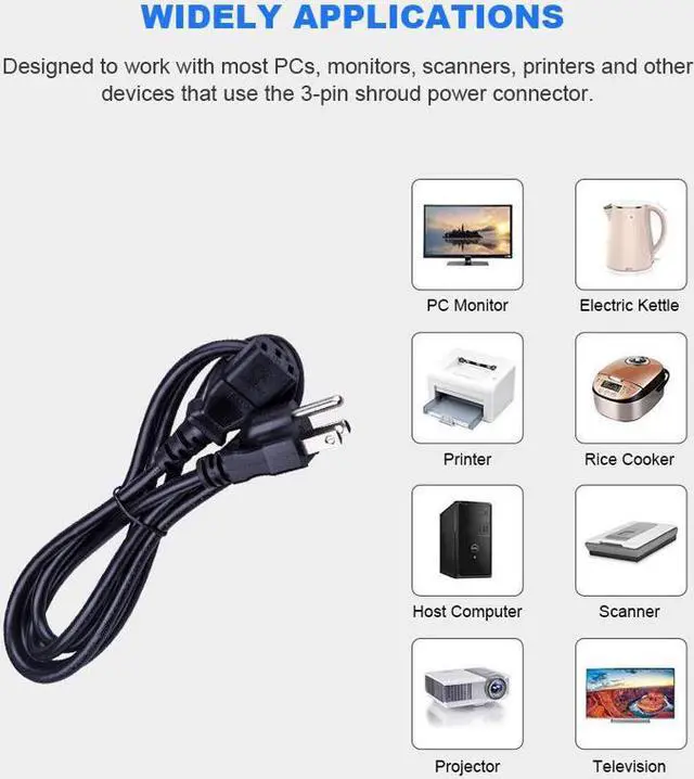 Alt view image 5 of 5 - [UL Listed] NEMA 5-15P to IEC320C13 18 AWG Universal Computer Power Cord AC Cable Extension Cable for Desktop PC Computer Scanner Printer Monitor and Power Supply Replacement Cable