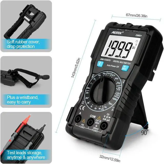 Alt view image 3 of 7 - MESTEK Digital Multimeter AC DC Multimeters Current Voltage Auto-Ranging NCV Voltage Tester Amp Volt Ohm Hz Diode Resistance Meter with Battery Electric Test Lead Probes with LED Light & Backlight