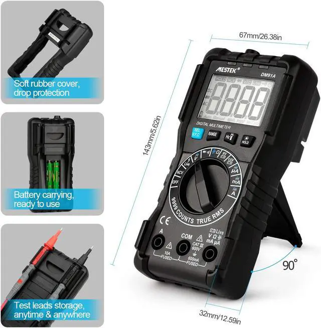 Alt view image 3 of 6 - Digital Multimeter TRMS 9999 Counts MESTEK AC DC Multimeters Current Voltage Auto-Ranging NCV Voltage Tester Amp Volt Ohm Hz Diode Resistance Meter with Battery Electric Test Lead Probes LED Light
