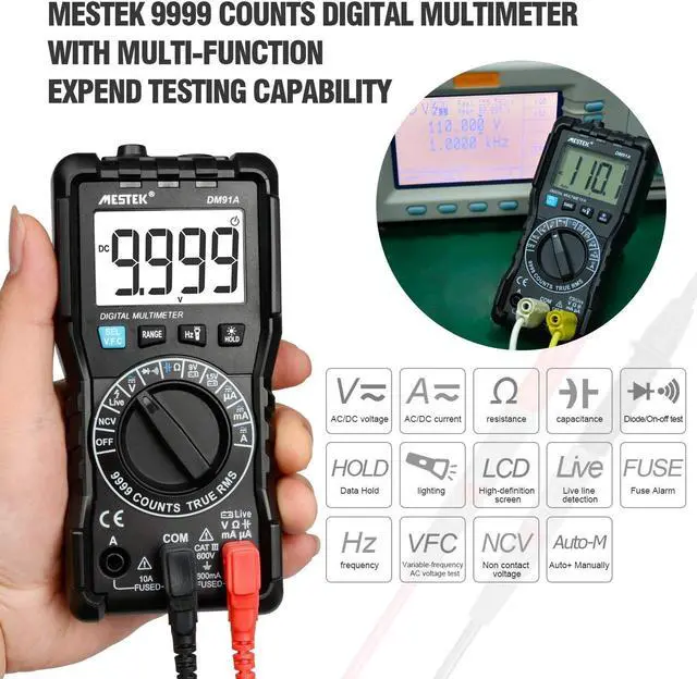 Alt view image 2 of 6 - Digital Multimeter TRMS 9999 Counts MESTEK AC DC Multimeters Current Voltage Auto-Ranging NCV Voltage Tester Amp Volt Ohm Hz Diode Resistance Meter with Battery Electric Test Lead Probes LED Light