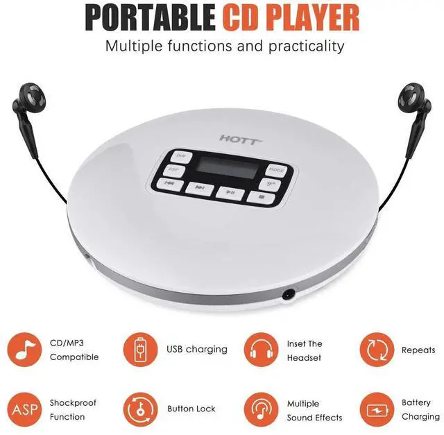 Alt view image 6 of 6 - Werleo Portable CD Player Headphones HOTT Personal CD Walkman Music Player LCD Display Anti-Skip Protection Shockproof Anti Scratch Function Support CD MP3 CD CD-R CD-RW Format White