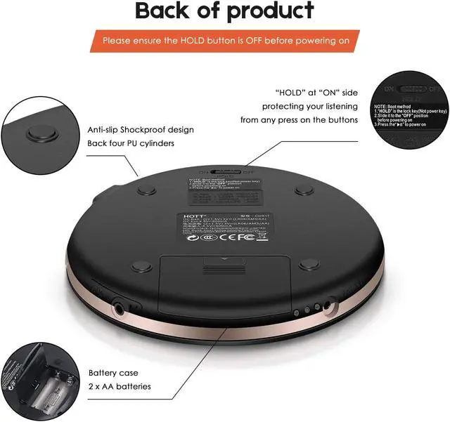 Alt view image 5 of 7 - Portable CD Player HOTT Personal Compact Disc Player LCD Display with Stereo Earbuds Electronic Skip Protection Anti-Shock Function Black
