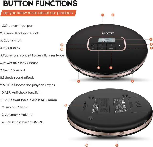 Alt view image 6 of 7 - Portable CD Player HOTT Personal Compact Disc Player LCD Display with Stereo Earbuds Electronic Skip Protection Anti-Shock Function Black