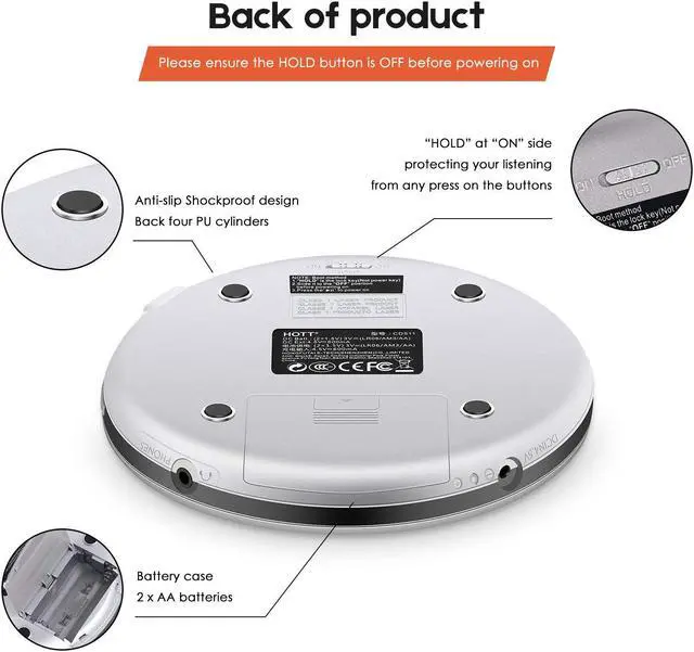Alt view image 6 of 7 - Portable CD Player HOTT Personal Compact Disc Player LCD Display with Stereo Earbuds Electronic Skip Protection Anti-Shock Function Silver