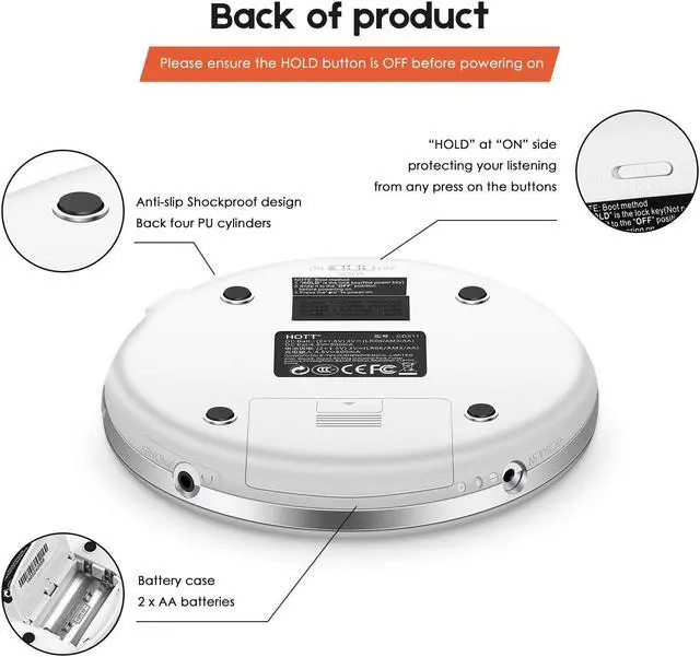 Alt view image 4 of 7 - Portable CD Player HOTT Personal Compact Disc Player LCD Display with Stereo Earbuds Electronic Skip Protection Anti-Shock Function White