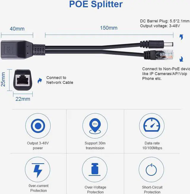 Alt view image 3 of 5 - Werleo Passive PoE Injector and Splitter Kit with 5.5x2.1 mm DC Power Adaptor Connector Black - 2 Pairs