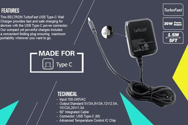 Alt view image 2 of 2 - BELTRON Turbo Fast USB-C/Type C USB Wall Charger 5V / 3 AMP 30W with Built-in Cable (Compatible with: iPad Pro 3rd Generation & All Type C USB Devices) - Intertek ETL Certified - Retail Packaging