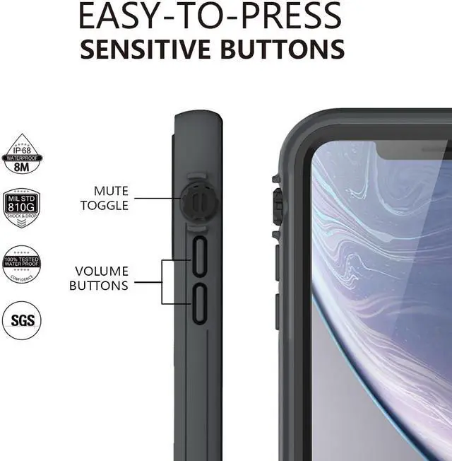 Alt view image 3 of 7 - aquaLife iPhone XR Waterproof, Shock & Drop Proof, Dirt Proof, Heavy Duty Case (IP68 Rated, MIL-STD-810G Certified) Features: Built-in Screen Protector & 360° Watertight Sealed Design (Grey)