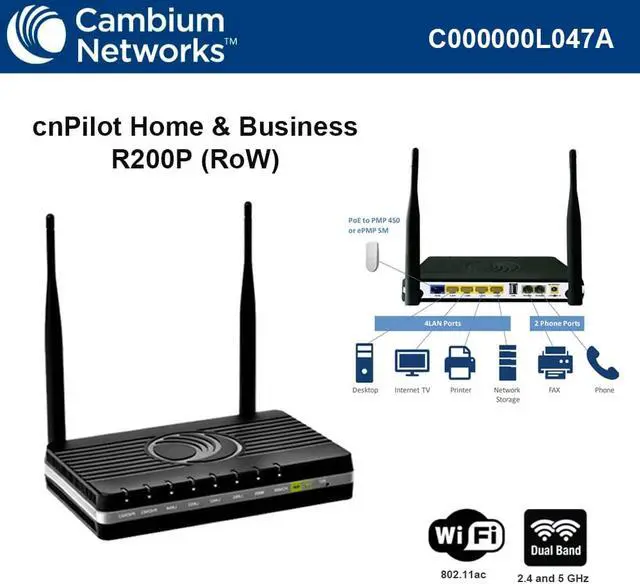 Alt view image 3 of 3 - Cambium cnPilot Home & Business R200P 802.11n Wi-Fi WLAN Router w/ Analog Telephone Adapter VoIP Gateway, 4LAN Ports and 2 phone ports (RoW) - No power cord
