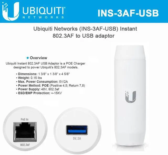 Main image of UBIQUITI NETWORKS INS-3AF-USB Instant PoE USB Type A Charger
