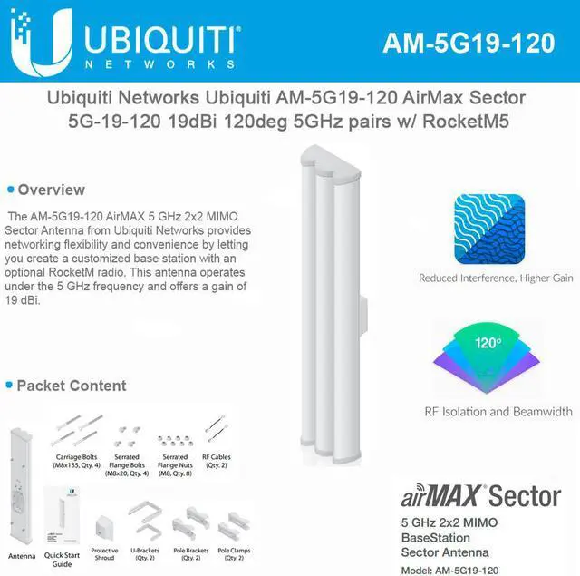 Alt view image 2 of 3 - Ubiquiti 2x2 MIMO BaseStation Sector Antenna AM5G19120