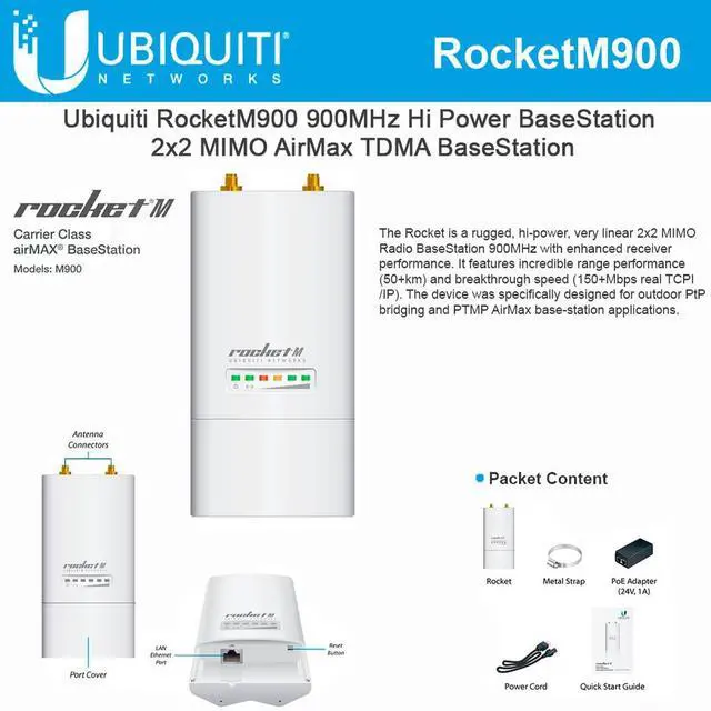 Alt view image 3 of 4 - Ubiquiti Rocket M900 Rocket M9 AirMax RocketM900 BaseStation 900MHz 2x2 MIMO PoE