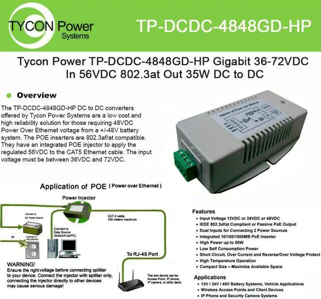 Alt view image 2 of 2 - Tycon Power Gigabit +/- 36-72VDC Input, 56V 35W 802.3at POE Output