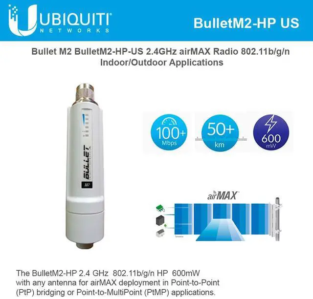 Main image of Ubiquiti Networks BulletM2-HP-US BM2HP 2.4GHz airMAX Radio Indoor/Outdoor 802.11b/g/n 600mW