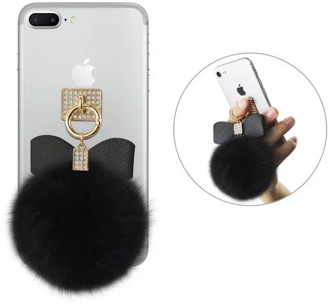 Alt view image 2 of 7 - Reiko REIKO PHONE HOLDER/ FINGER LOOP GRIP WITH RHINESTONE SOFT PUFFY FUR BALL IN BLACK